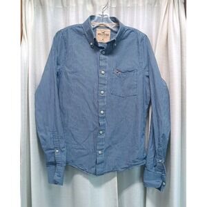 Hollister Men's Size M Button Down Blue &‎ White Striped Embroidered Shirt